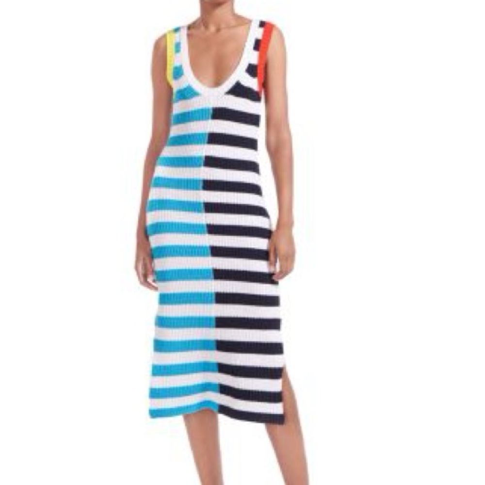 STAUD Striped Knit Midi Dress in Turquoise, Black & White with Multicolor Accent